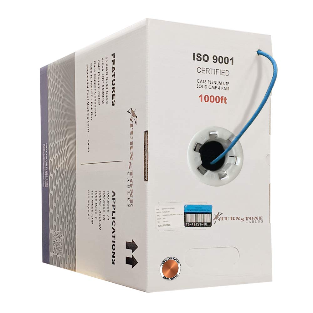 Cat6 Plenum 1000ft 23AWG Solid Bare Copper UTP Bulk Ethernet Cable D2436