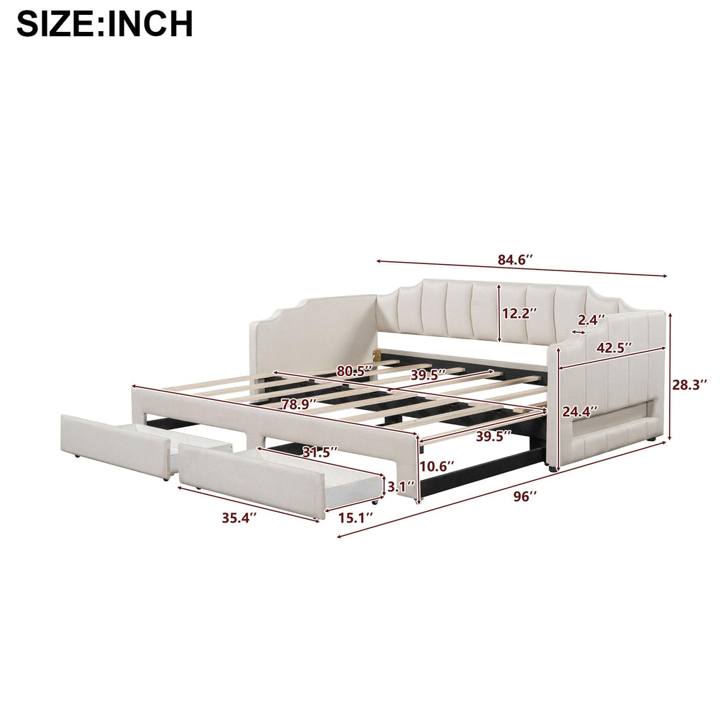 Twin XL to King Size Upholstered Daybed with Trundle and 2 Storage Drawers U59177
