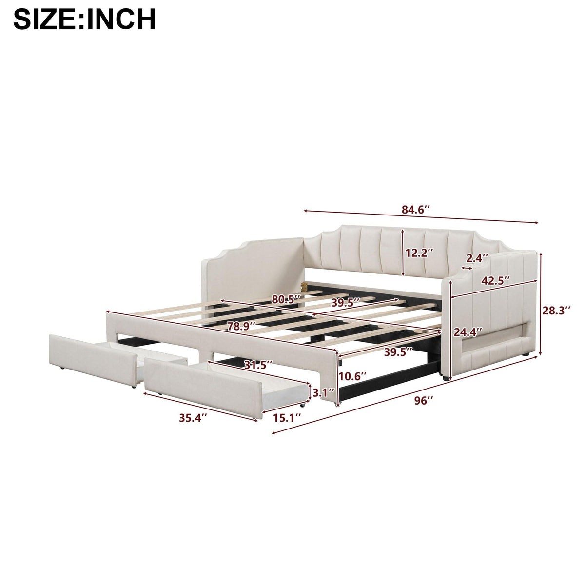 Twin XL to King Size Upholstered Daybed with Trundle and 2 Storage Drawers U59177
