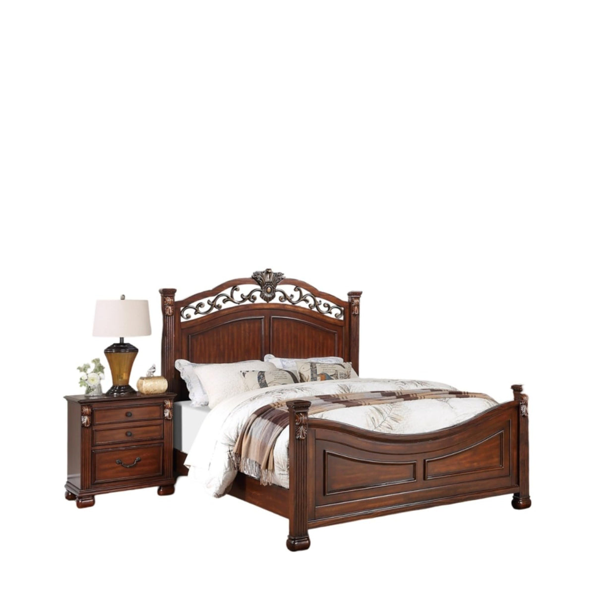 King Bed Frame with Ornate Post Headboard Solid Pine Wood I84874