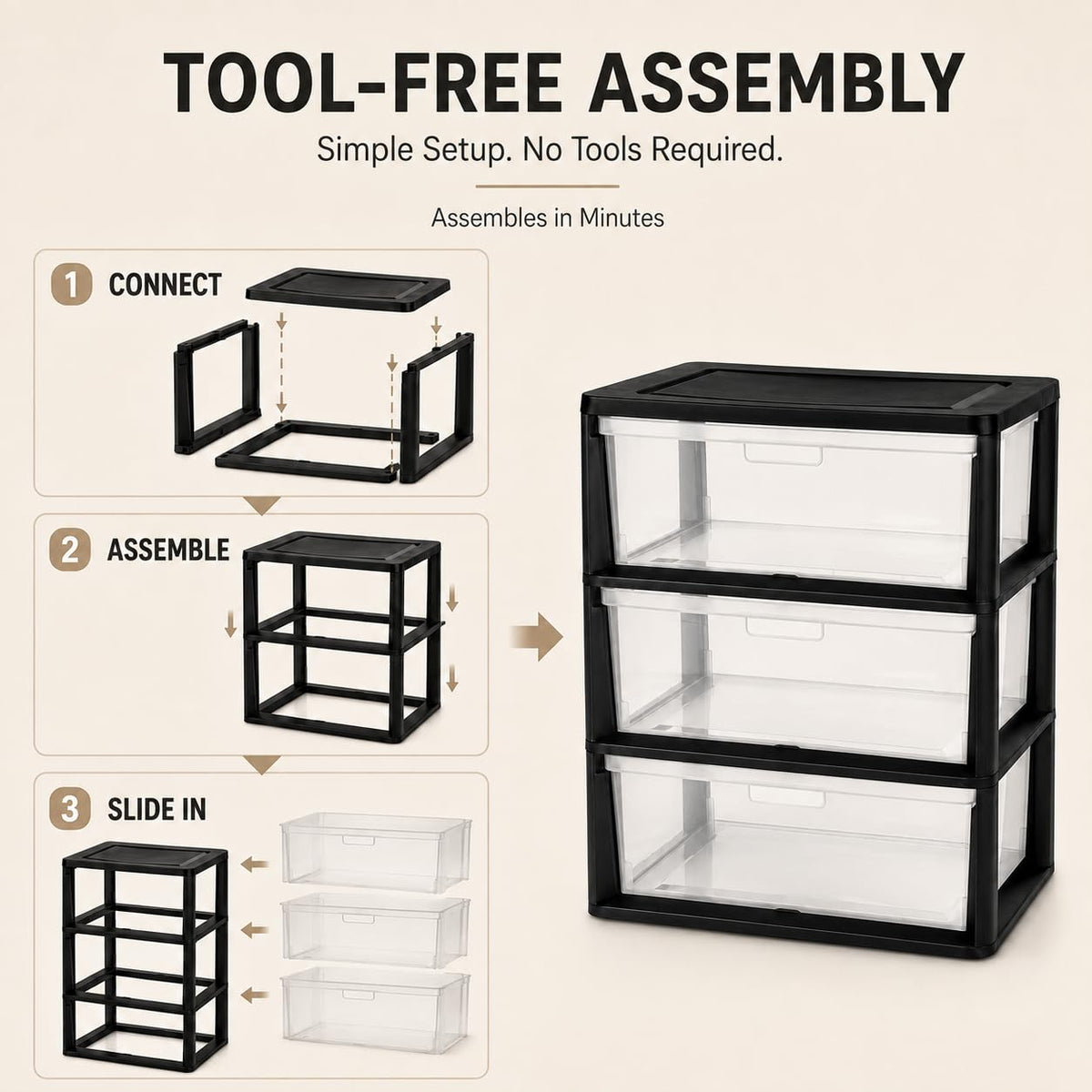 Plastic 3 Drawer Storage Tower with Clear Removable Bins X726913