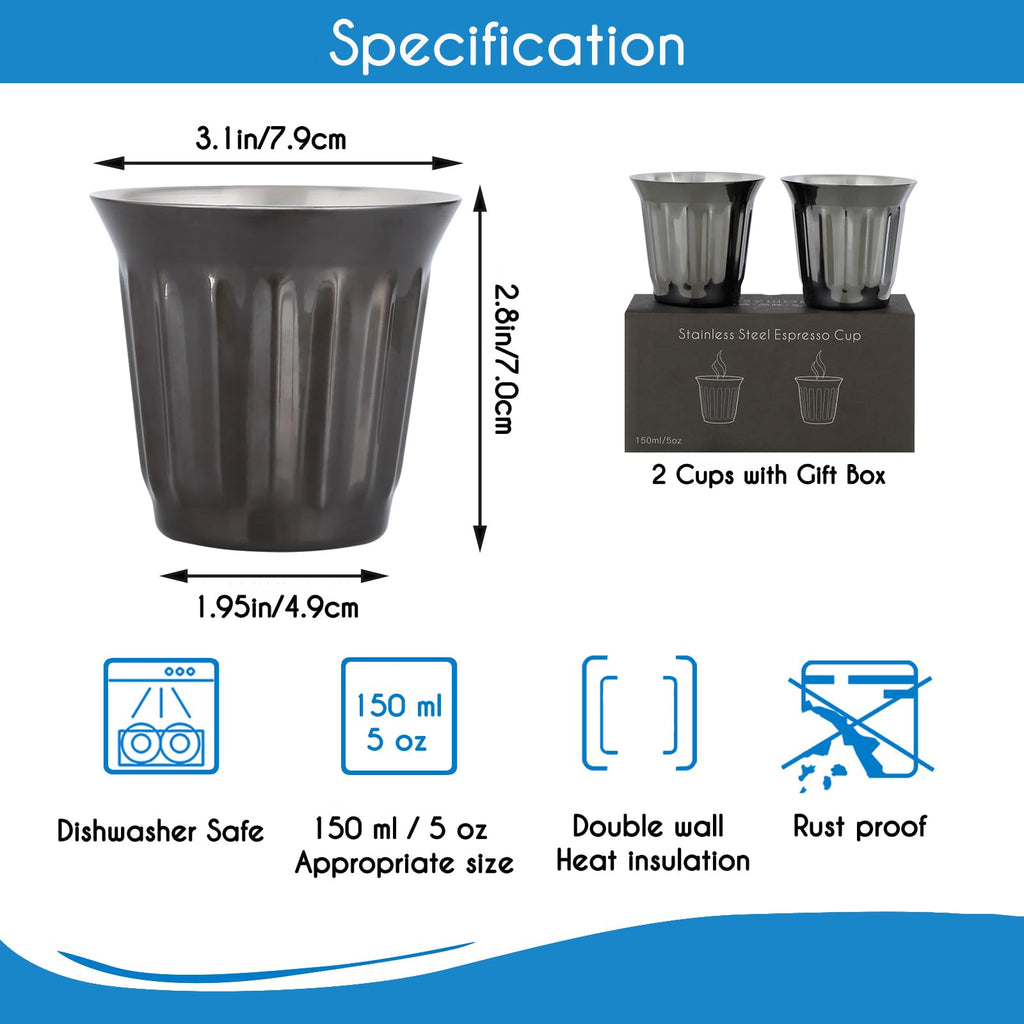 French Press 12 oz, Stainless Steel Double-Wall Espresso Cups 5 oz Set of 2 G21015