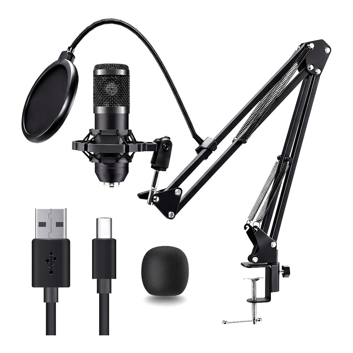 USB Condenser Microphone Kit with Boom Arm, Pop Filter, Shock Mount Y507866