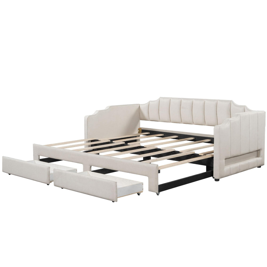 Twin XL to King Size Upholstered Daybed with Trundle and 2 Storage Drawers U59177