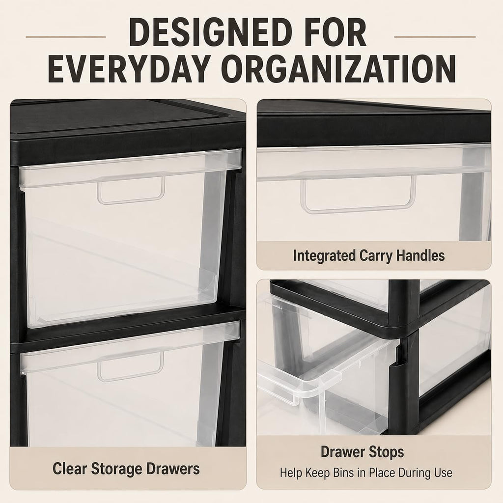 Plastic 3 Drawer Storage Tower with Clear Removable Bins X726913
