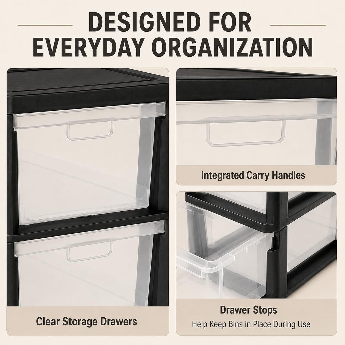 Plastic 3 Drawer Storage Tower with Clear Removable Bins X726913