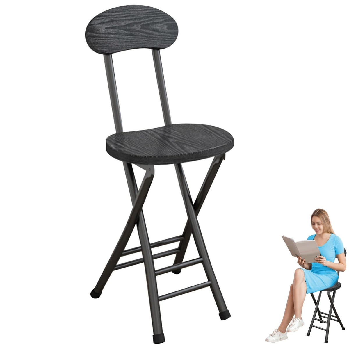 18 Inch Portable Folding Stool with Back Support and Footrest U471