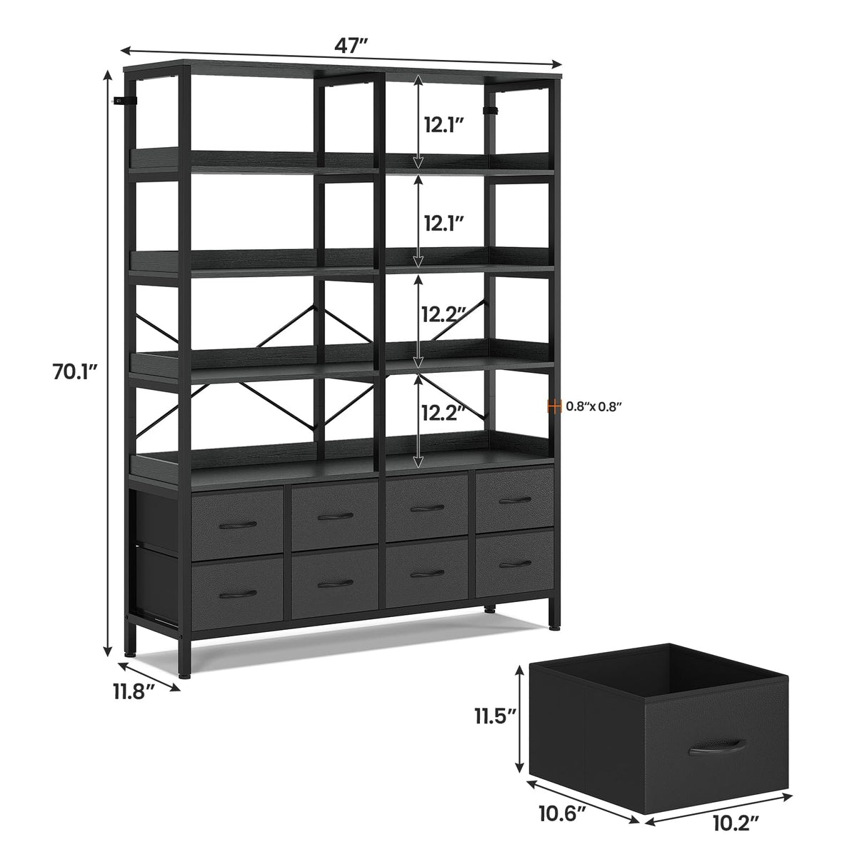 Black 8 Fabric Drawer 7-Tier Bookshelf E957024