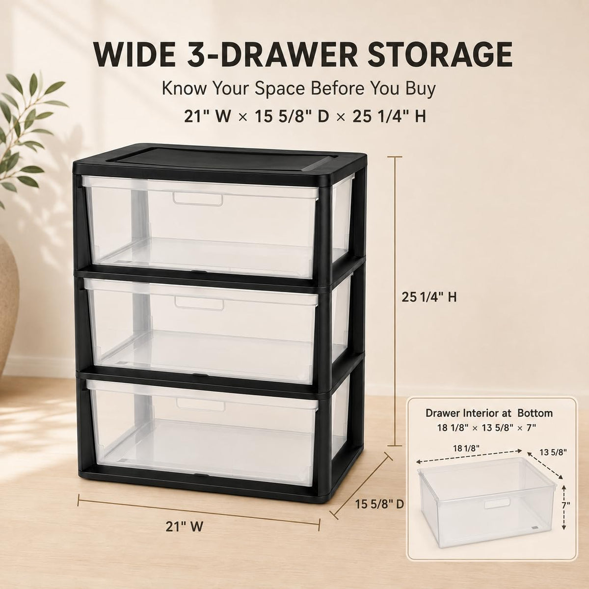 Plastic 3 Drawer Storage Tower with Clear Removable Bins X726913
