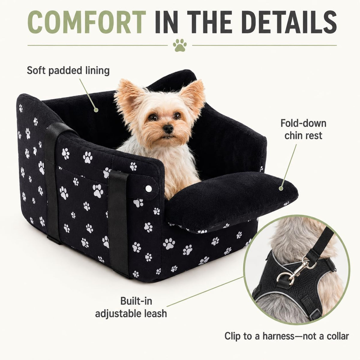 Center Console Dog Car Seat for Small Dogs Under 15 lbs Black Q259