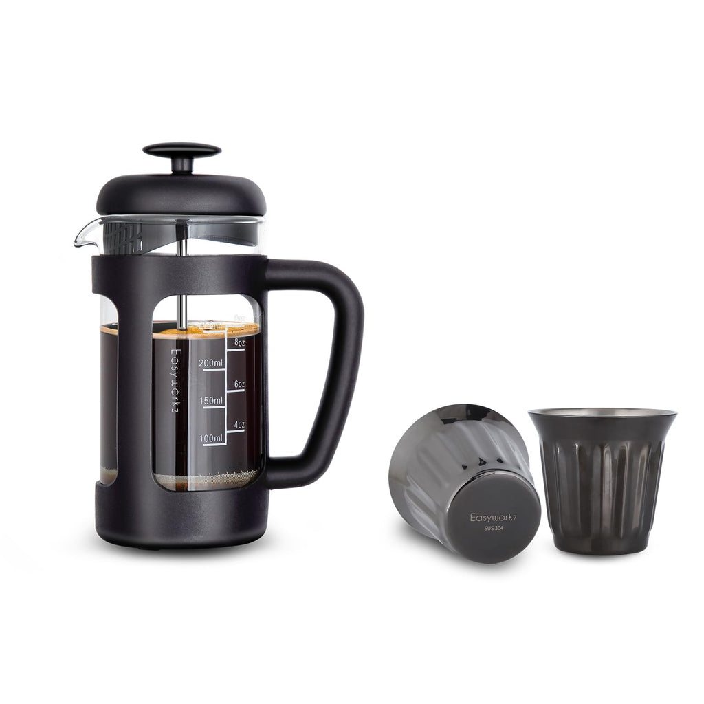 French Press 12 oz, Stainless Steel Double-Wall Espresso Cups 5 oz Set of 2 G21015