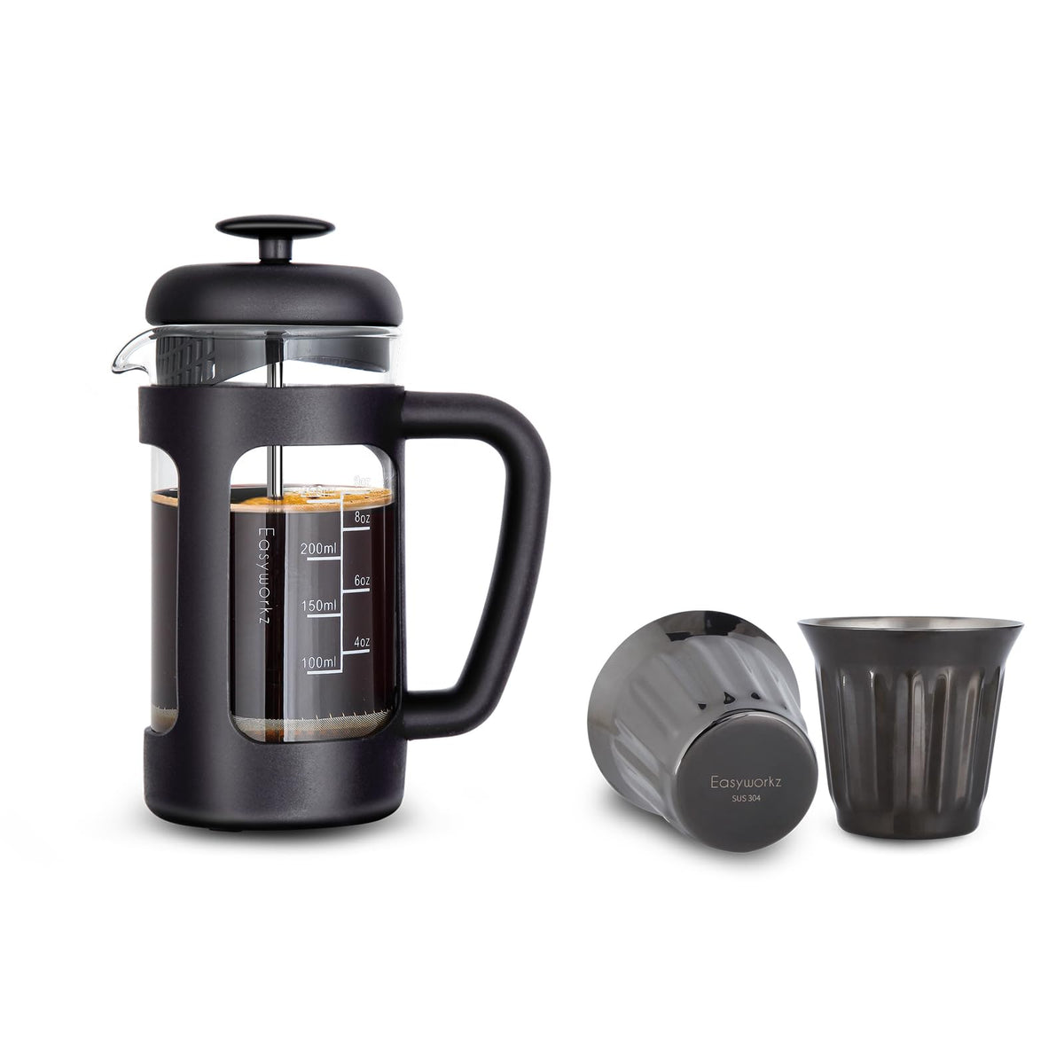 French Press 12 oz, Stainless Steel Double-Wall Espresso Cups 5 oz Set of 2 G21015