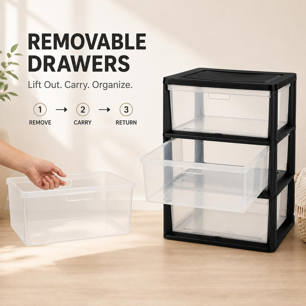 Plastic 3 Drawer Storage Tower with Clear Removable Bins X726913