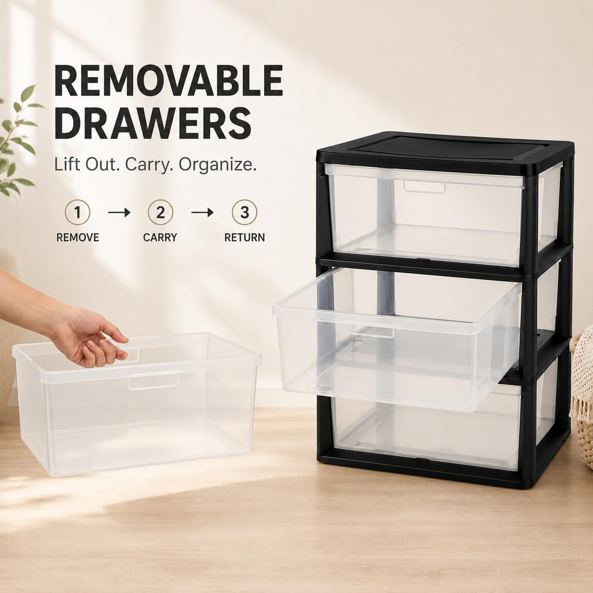 Plastic 3 Drawer Storage Tower with Clear Removable Bins X726913