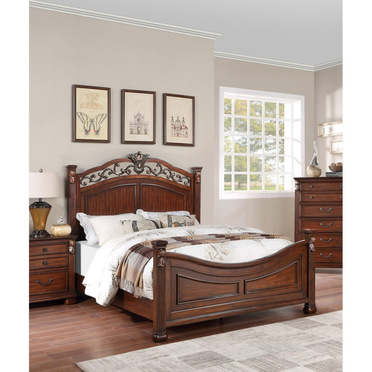 King Bed Frame with Ornate Post Headboard Solid Pine Wood I84874