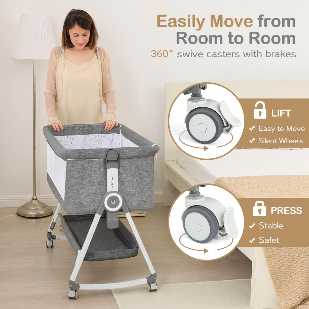 Portable Bedside Bassinet with Waterproof Mattress, Grey D877