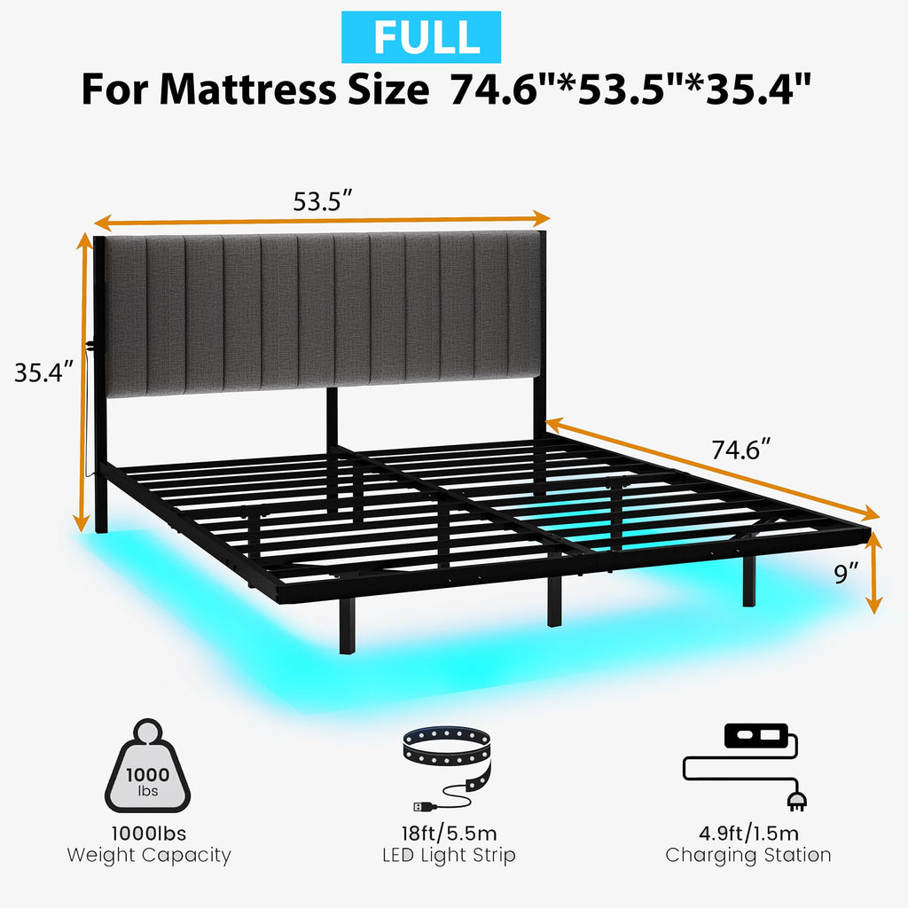 Full Size Metal Platform Bed Frame with LED Lights and Charging Port M62115