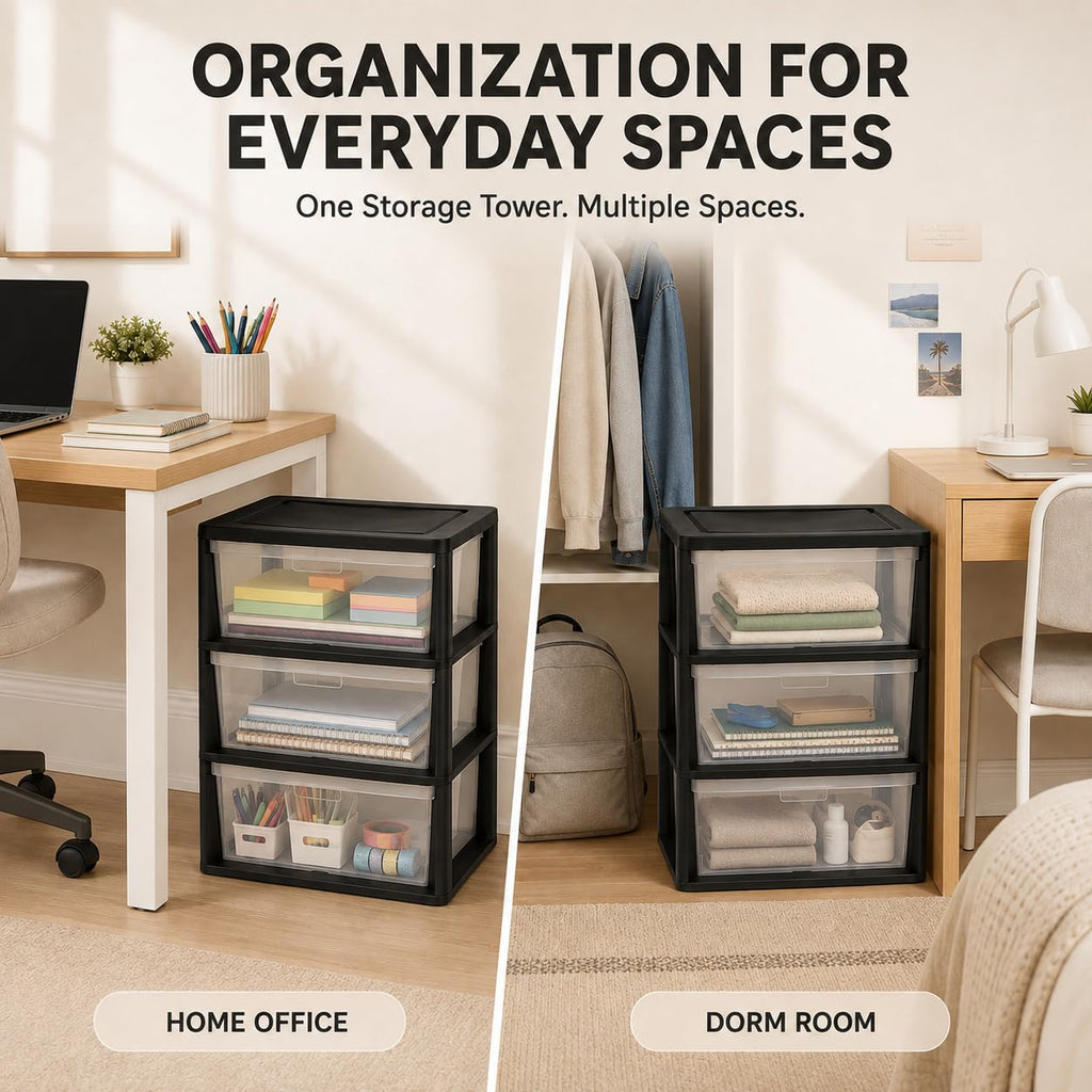 Plastic 3 Drawer Storage Tower with Clear Removable Bins X726913