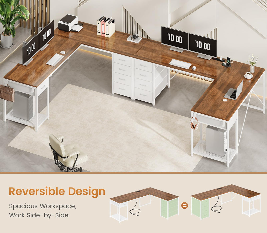 Brown White L Shaped Desk with 5 Drawers E854801