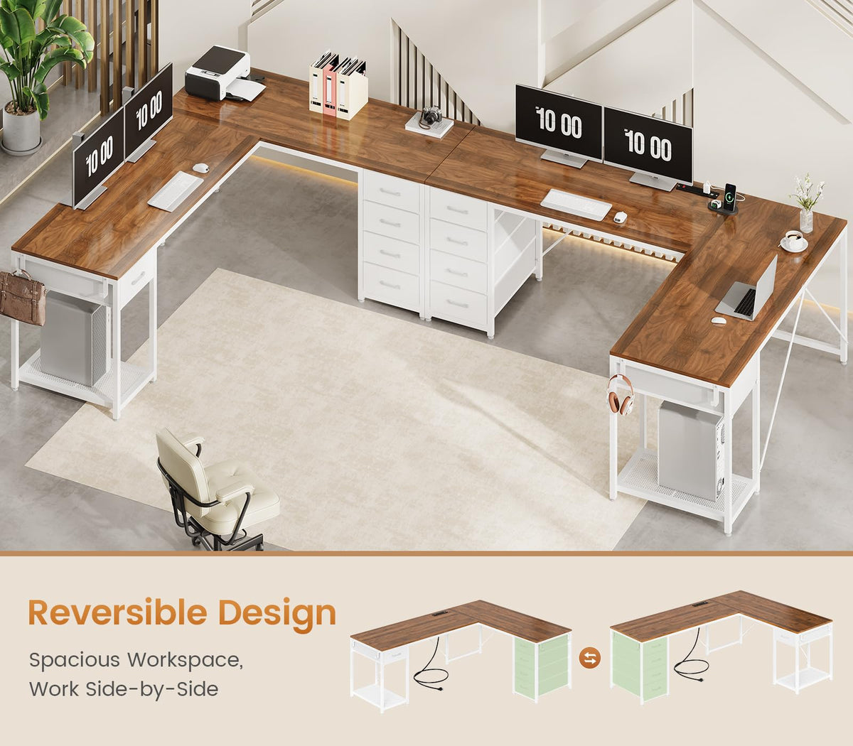 Brown White L Shaped Desk with 5 Drawers E854801