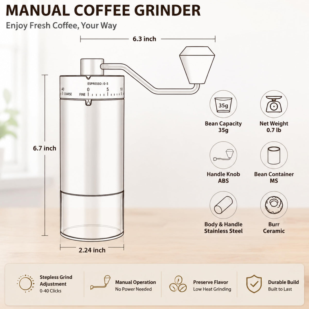 Manual Coffee Grinder with Adjustable Settings D92512