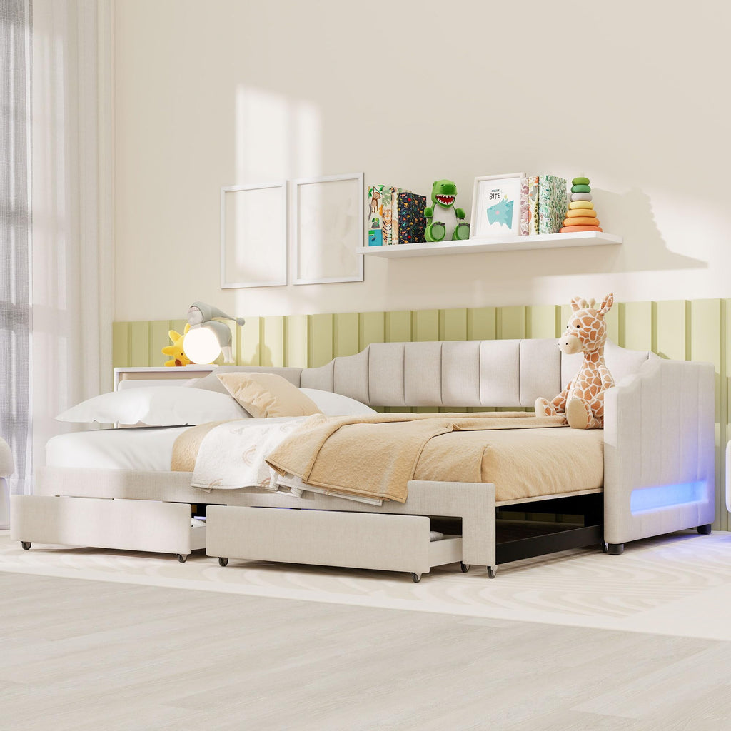 Twin XL to King Size Upholstered Daybed with Trundle and 2 Storage Drawers U59177