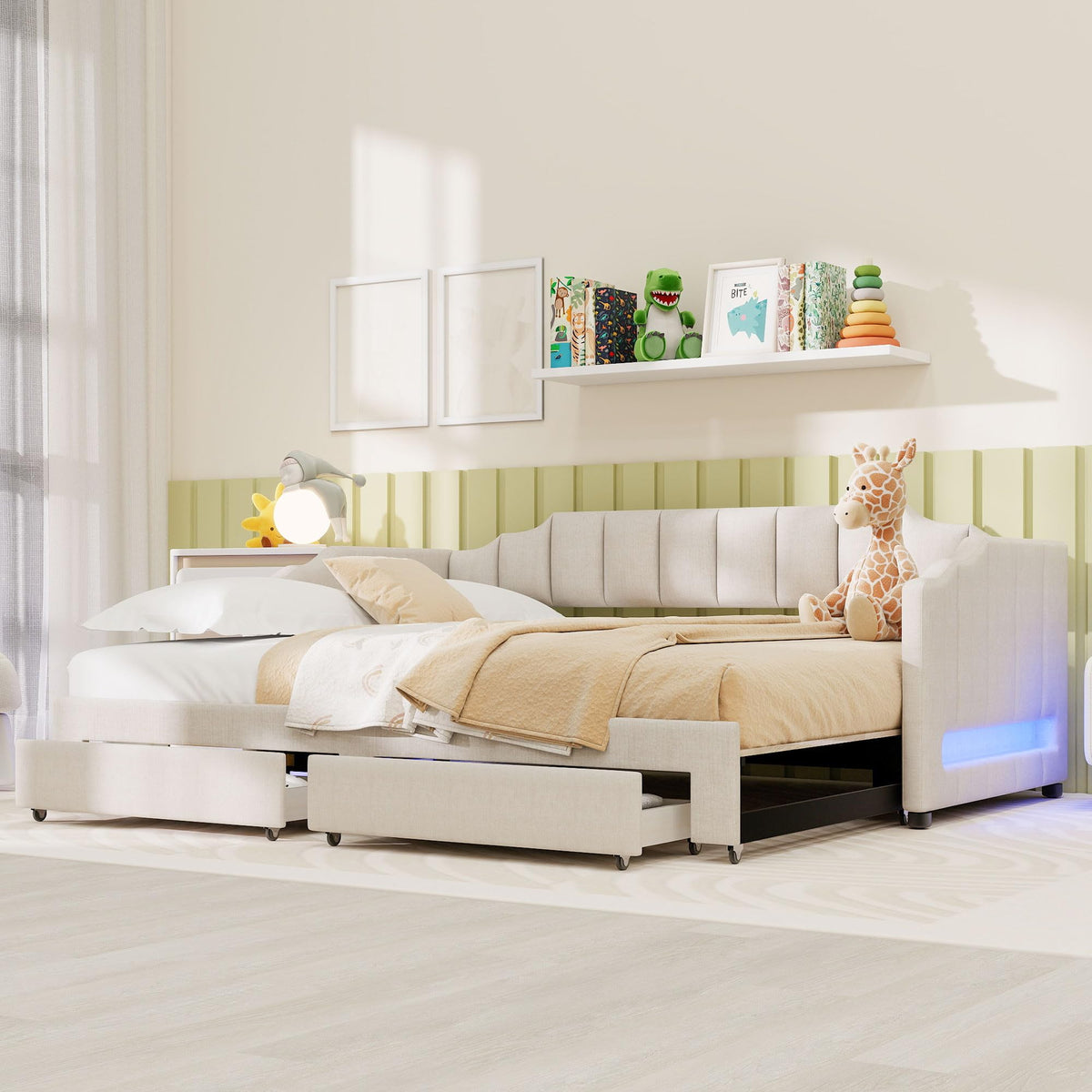 Twin XL to King Size Upholstered Daybed with Trundle and 2 Storage Drawers U59177