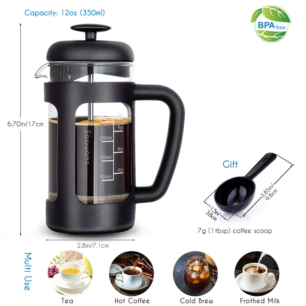 French Press 12 oz, Stainless Steel Double-Wall Espresso Cups 5 oz Set of 2 G21015