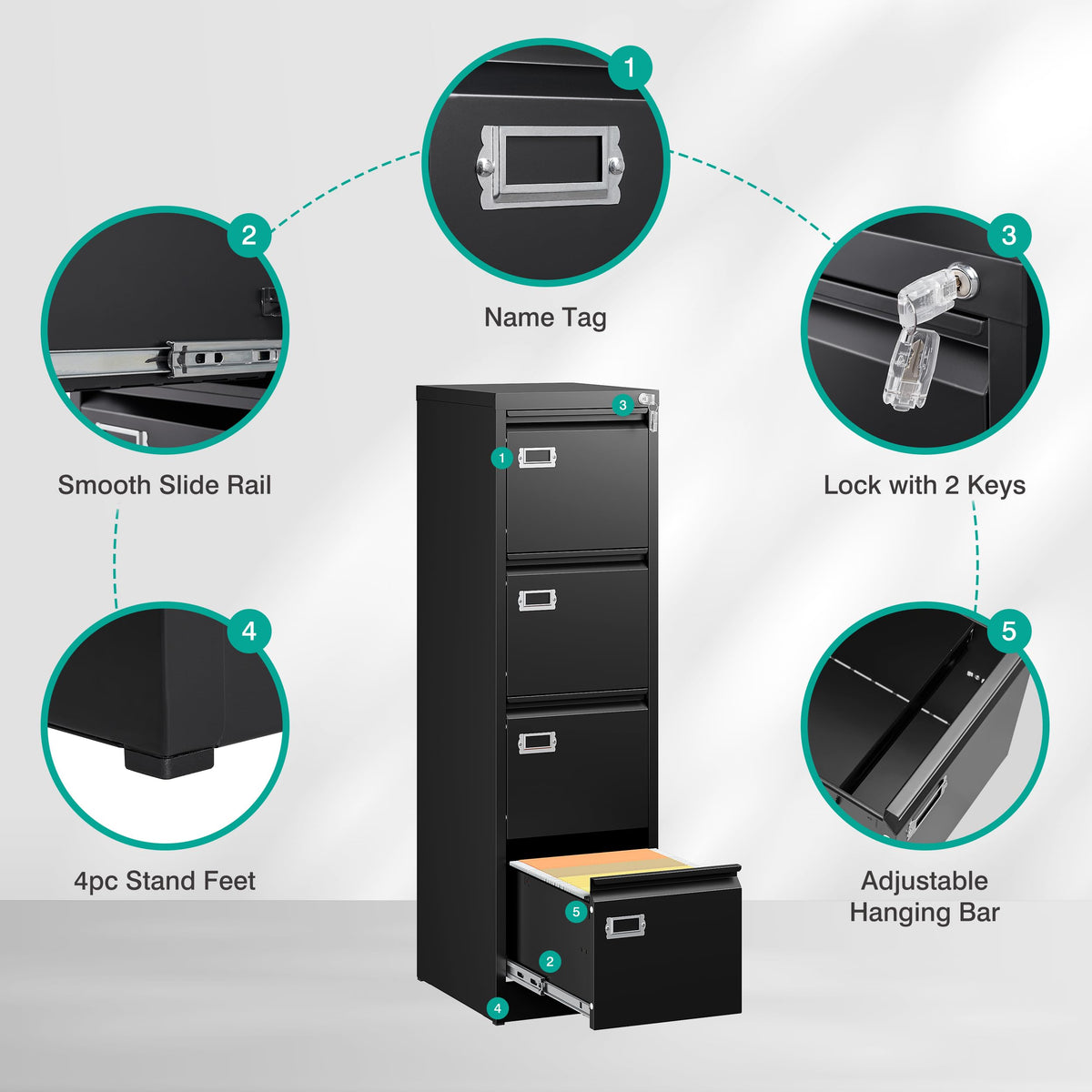 4 Drawer Black Metal File Cabinet with Lock O49986