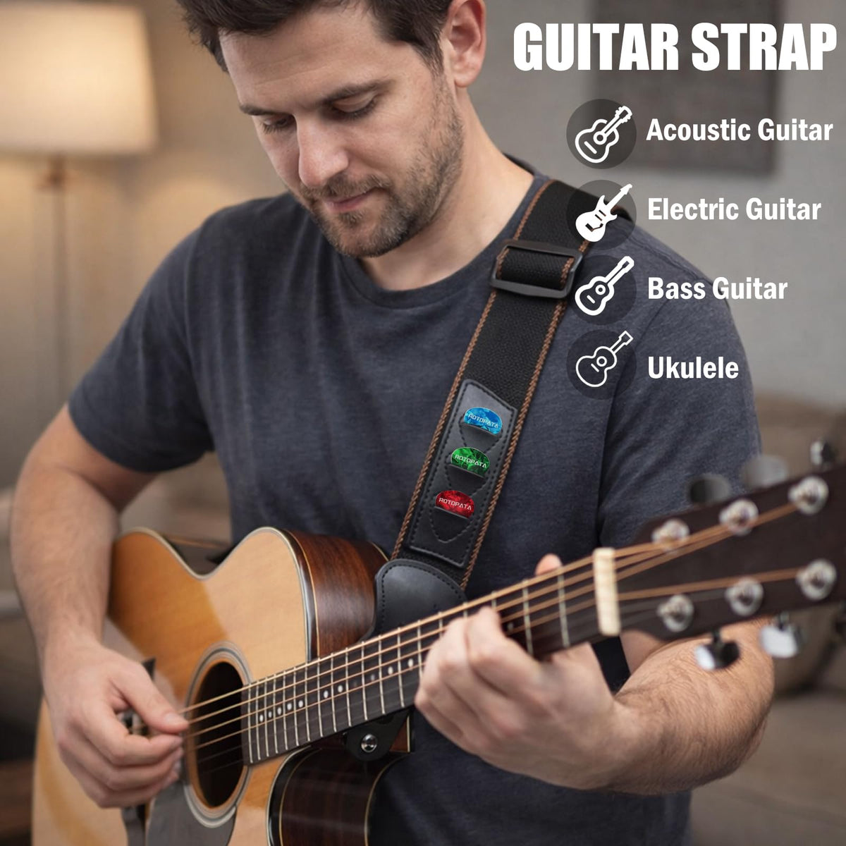 Black Adjustable Guitar Strap Kit with Locks and Picks I2805