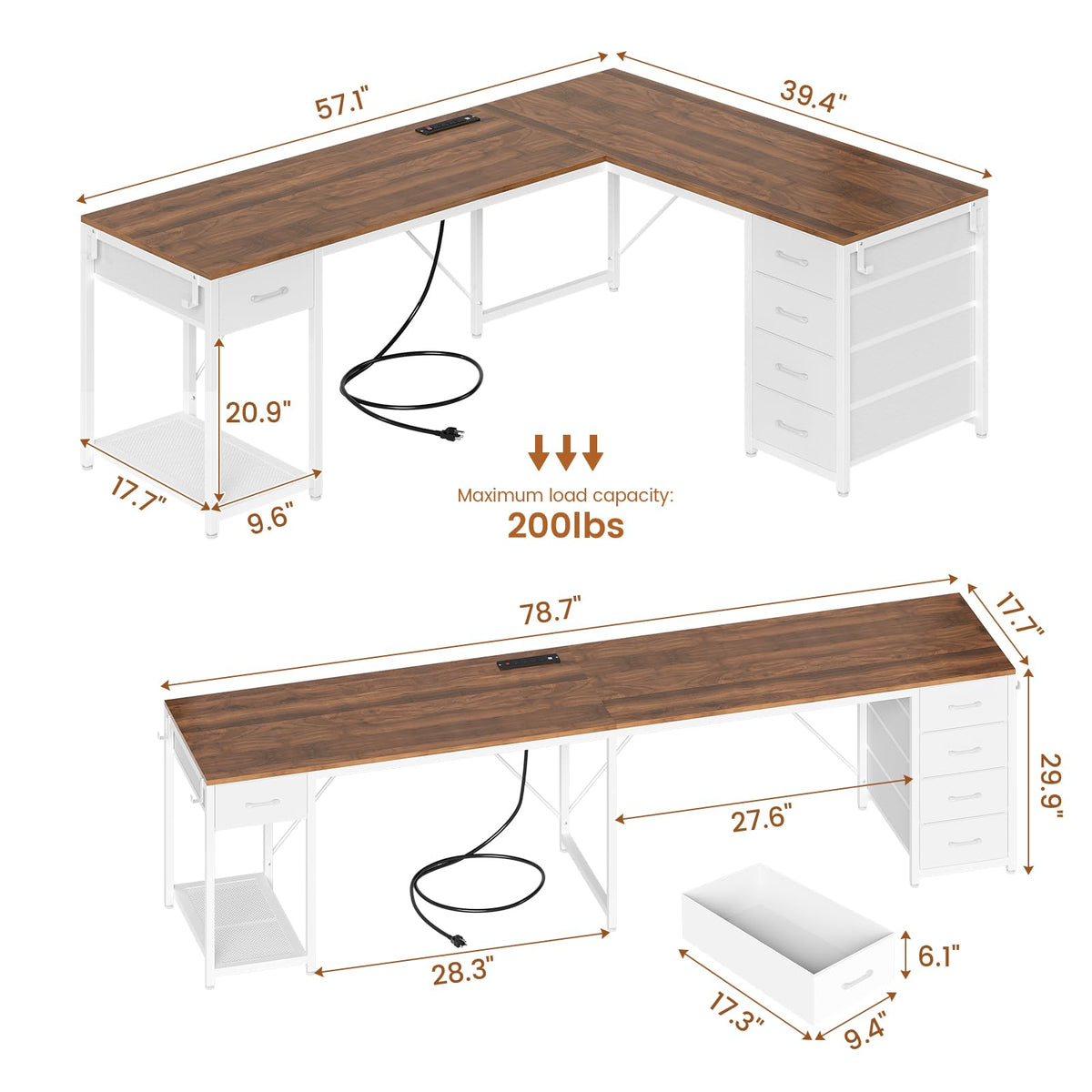Brown White L Shaped Desk with 5 Drawers E854801