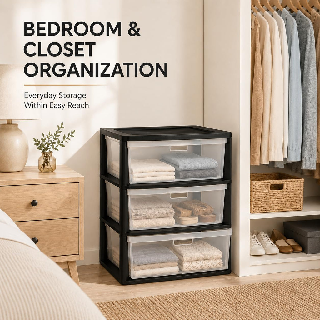Plastic 3 Drawer Storage Tower with Clear Removable Bins X726913