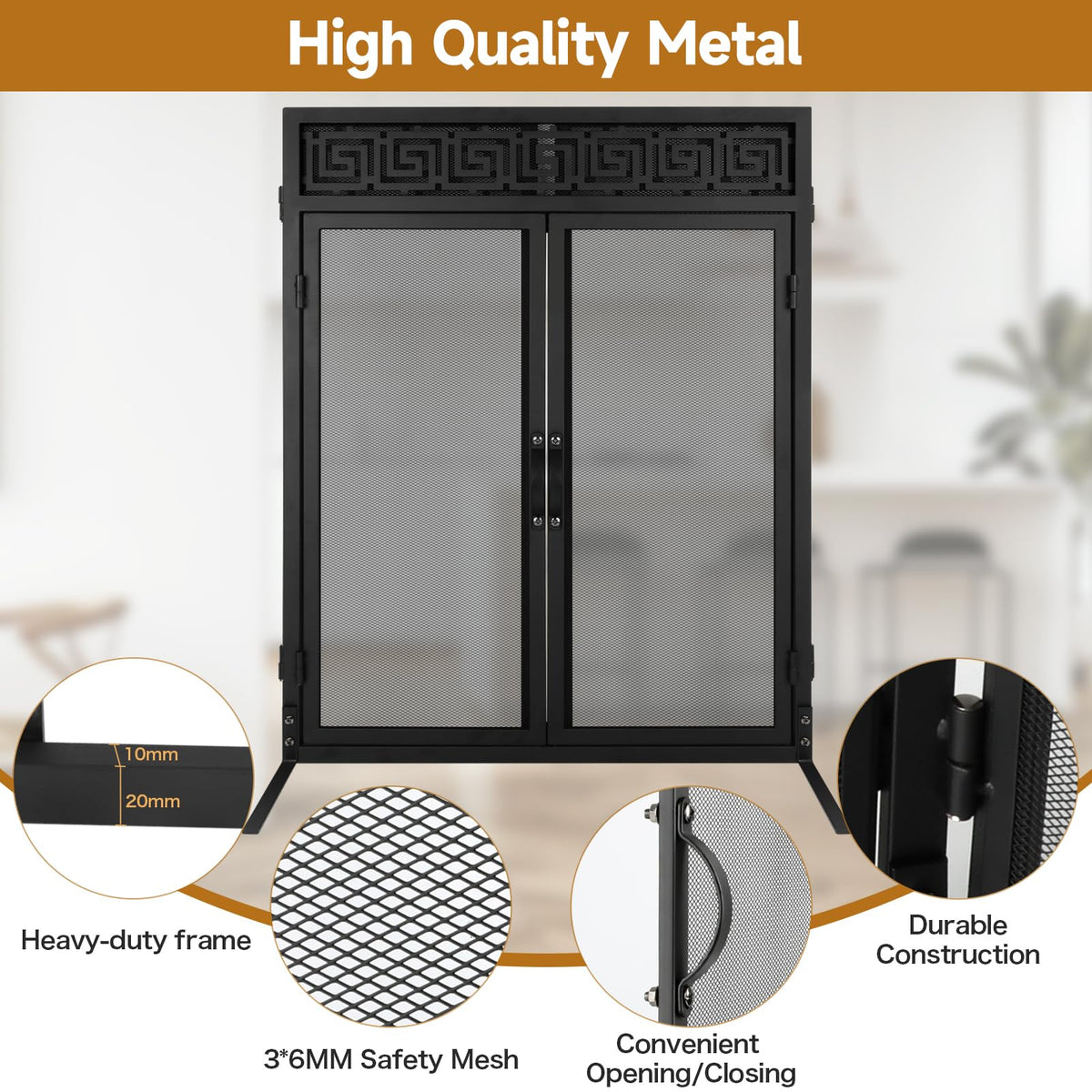 50"x32" Adjustable 3-Panel Fireplace Screen with Doors X2757