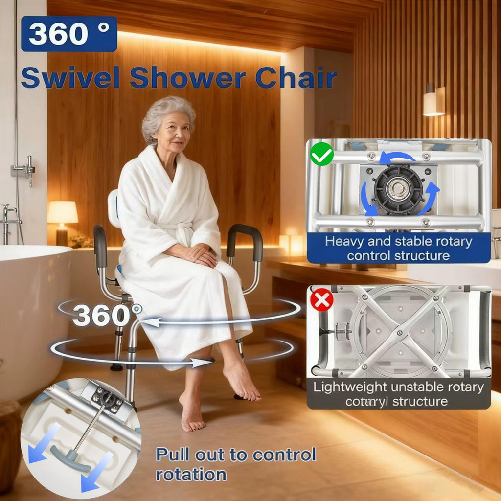 2-Level Width Adjustable 360° Heavy Duty Swivel Shower Chair with Arms and Back G693028