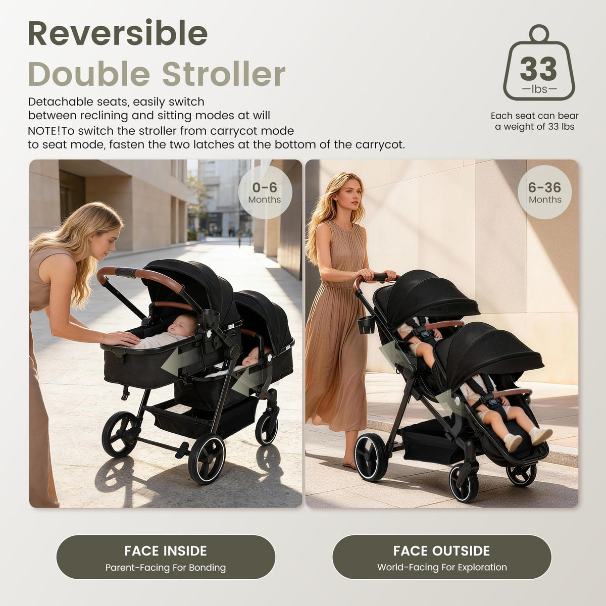 Foldable Tandem Double Stroller with Storage Basket J9398