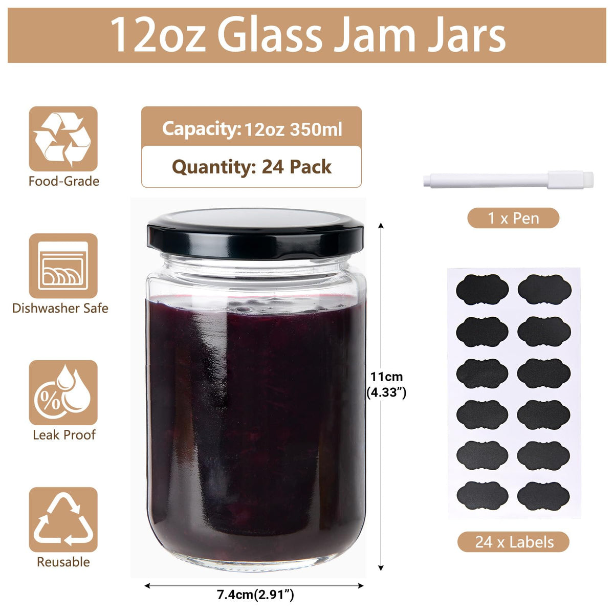 24Pack 12oz Clear Glass Jars with Lids R93861