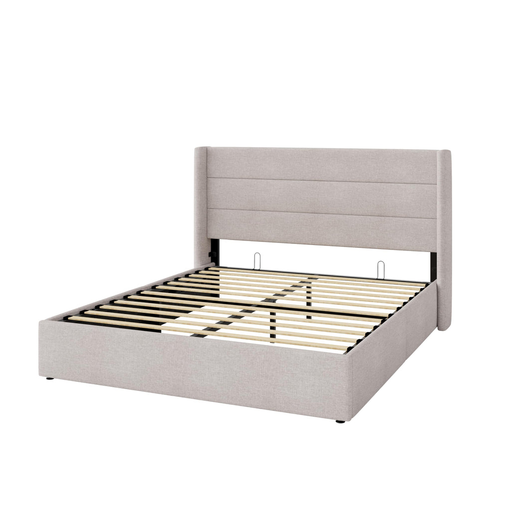Queen Size Lift Up Hydraulic Storage Bed Frame Light Beige D216023