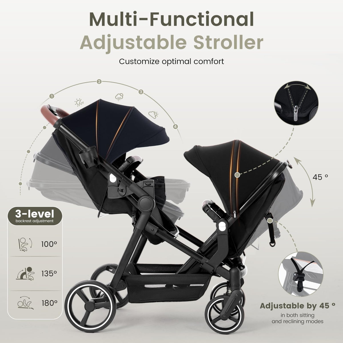 Foldable Tandem Double Stroller with Storage Basket J9398