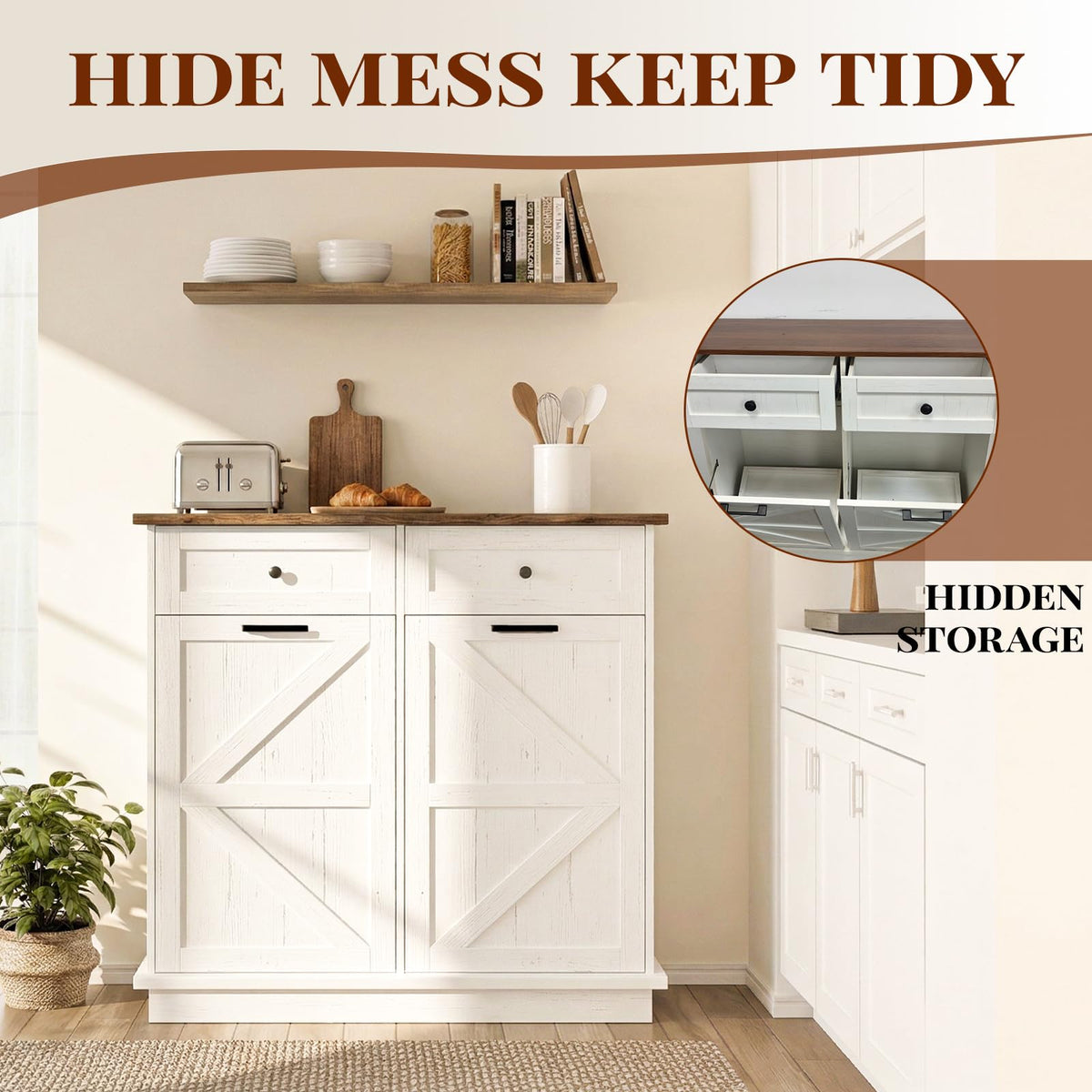 20 Gallon Wooden Tilt Out Trash Can Cabinet with 2 Drawers Y847