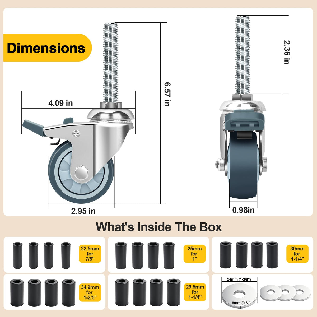 2 Inch Expanding Stem Caster Wheels with Locking Brake Set of 4 M374647