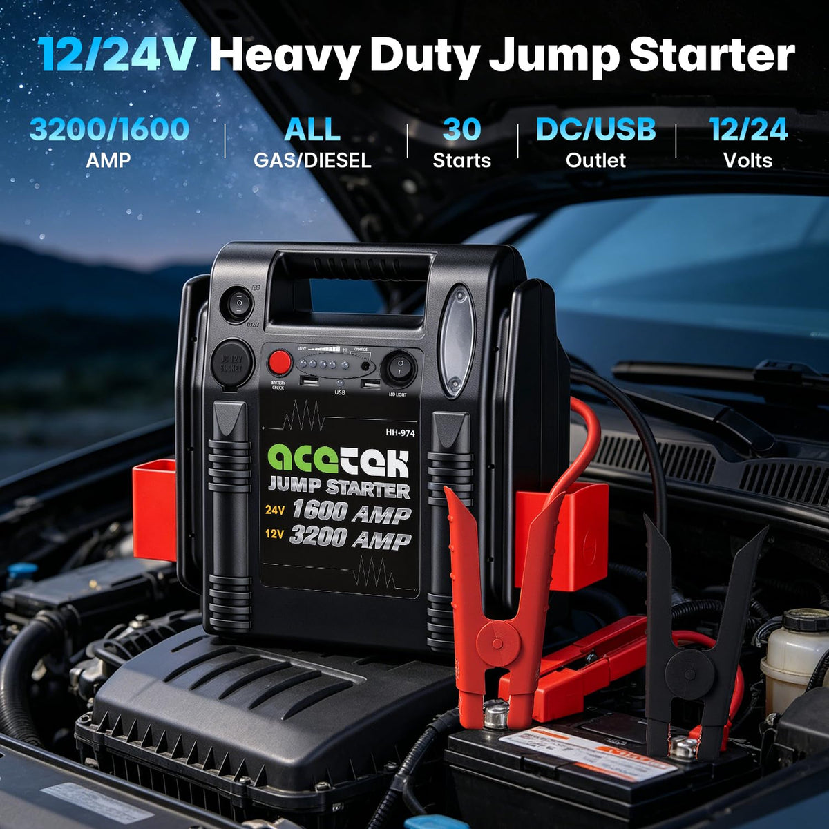 24V / 12V 1600/3200 Peak Amp Heavy Duty Jump Starter with USB and DC Output P907
