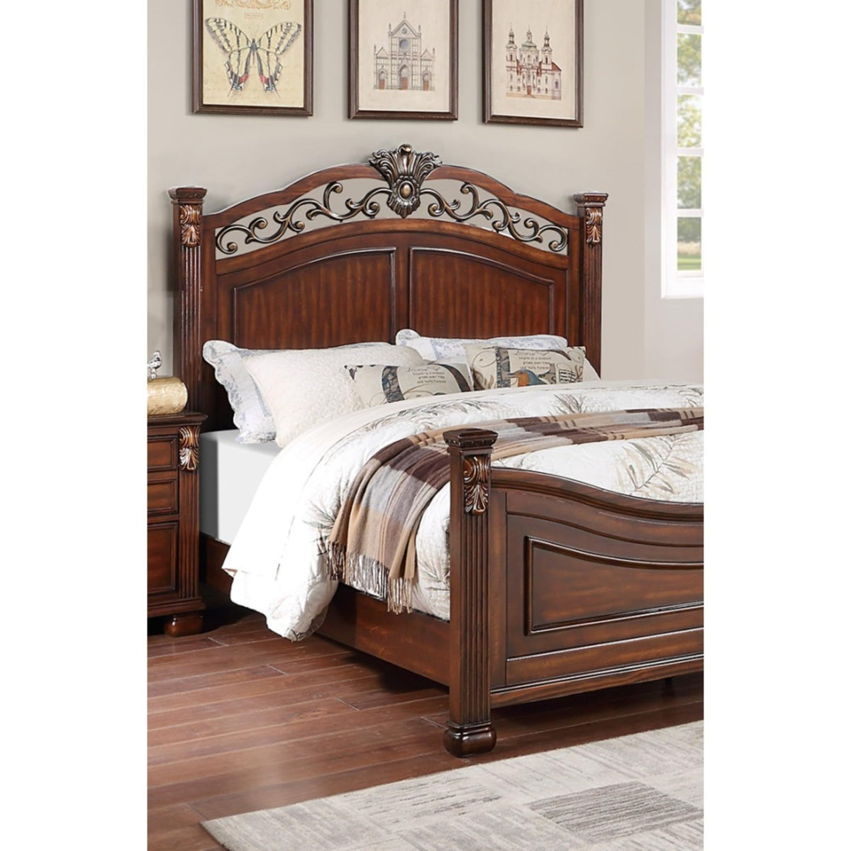 King Bed Frame with Ornate Post Headboard Solid Pine Wood I84874