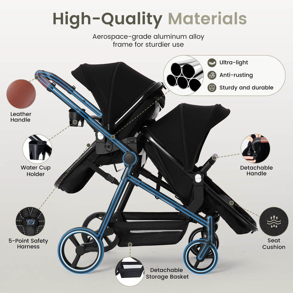 Foldable Tandem Double Stroller with Storage Basket J9398