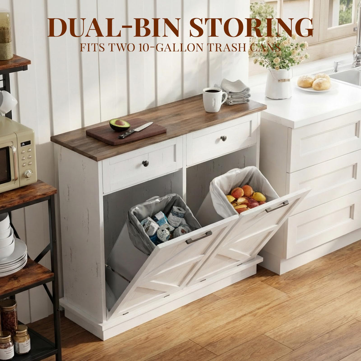 20 Gallon Wooden Tilt Out Trash Can Cabinet with 2 Drawers Y847