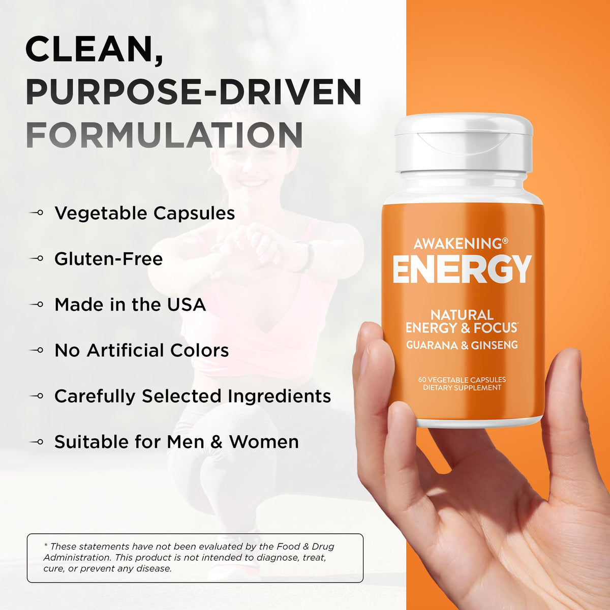 Natural Energy & Focus Supplement with Panax Ginseng, Guarana Extract & Chromium Picolinate, 60 Caps H9851