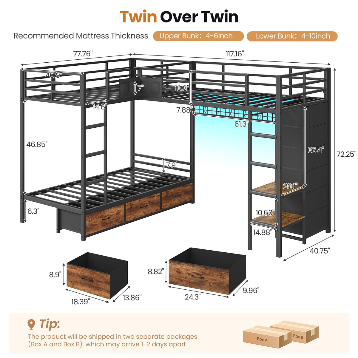 Black Twin Over Twin Triple Bunk Bed with 9 Storage Drawers J4331