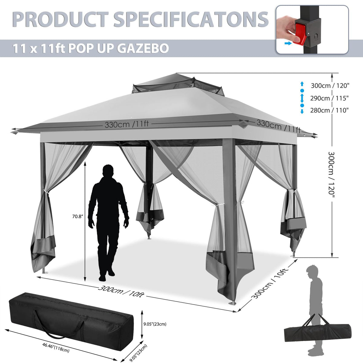 11x11 Pop Up Gazebo Canopy Tent with Mosquito Net Q6899