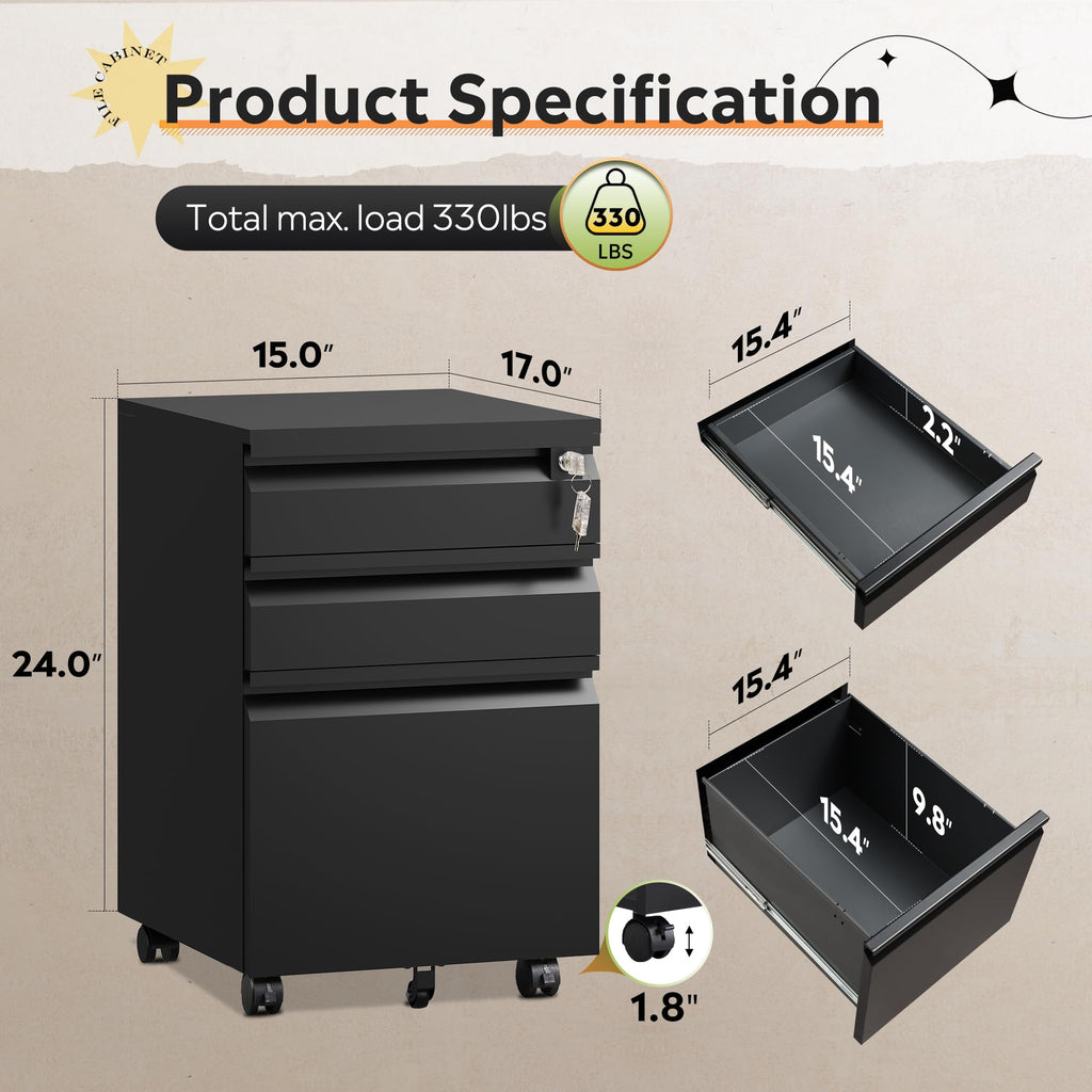 3 Drawer Mobile File Cabinet with Lock A6573