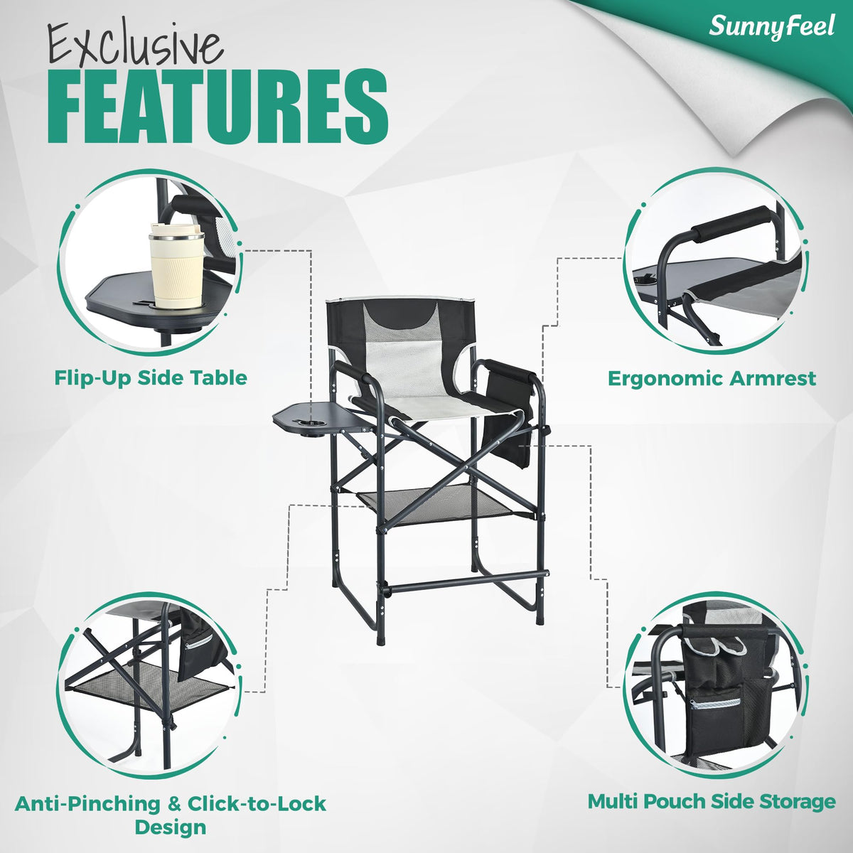 Tall Portable Folding Camping Chair with Side Table and Footrest F128509