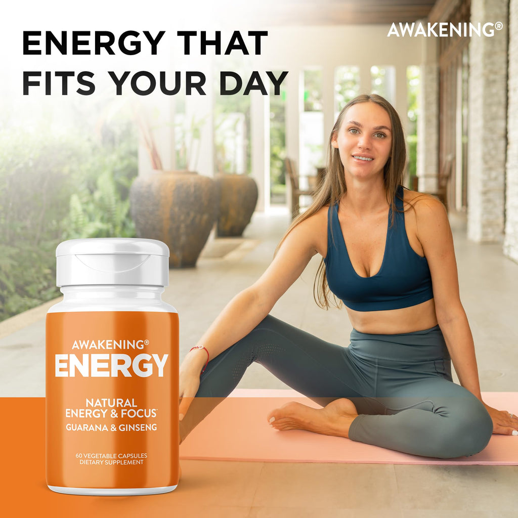 Natural Energy & Focus Supplement with Panax Ginseng, Guarana Extract & Chromium Picolinate, 60 Caps H9851